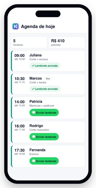 Daily schedule screen of Kodeira Agenda with one-tap WhatsApp reminders.